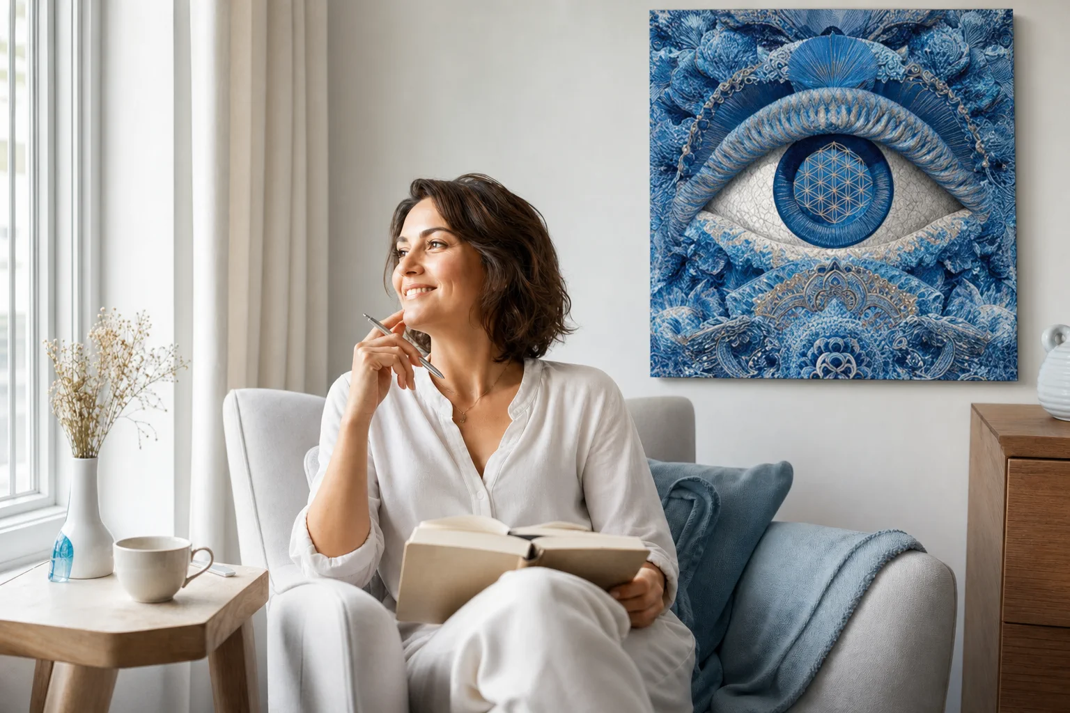 reFlowery - Blume des Lebens Wandbild, Flower of Life, Wohnraum-Szene für Licht und Klarheit mit heller, bewusster Raumgestaltung