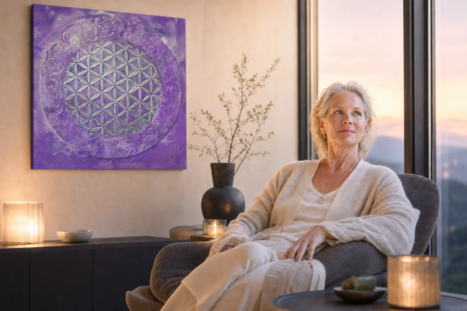 reFlowery - Blume des Lebens Wandbild, Flower of Life, lila Wohnraum-Szene für Ruhe und Reife mit stiller, inspirierender Raumwirkung