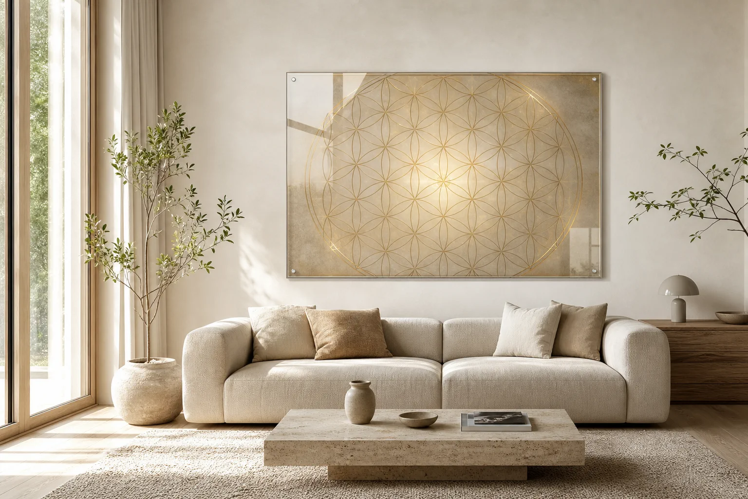 reFlowery - Blume des Lebens Wandbild, Flower of Life, helle Wohnzimmer-Szene mit harmonischer Raumwirkung und sichtbarer Kunst über dem Sofa