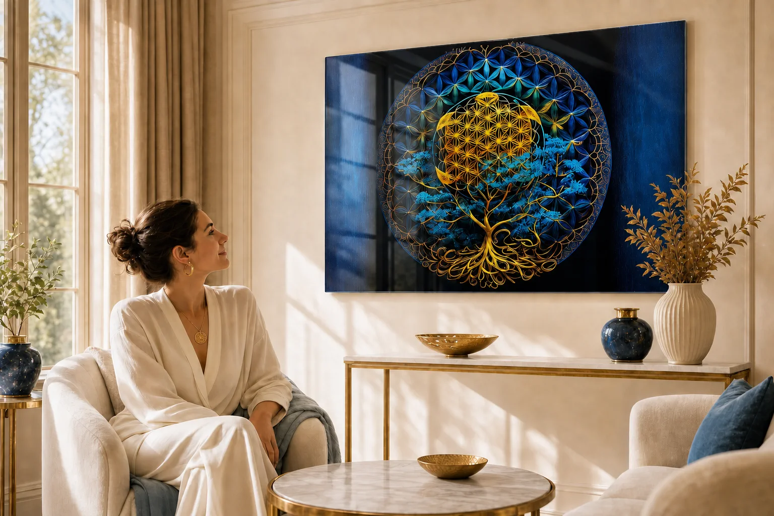 reFlowery - Farbanalyse für Wohnräume, helle Spiegel-Szene mit bewusster Farbwirkung und ruhiger Premium-Atmosphäre